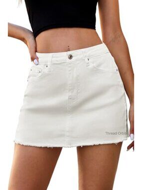 Denim Mini Skirt Low Rise Raw Hem Stretchy Cotton Spandex with Pockets